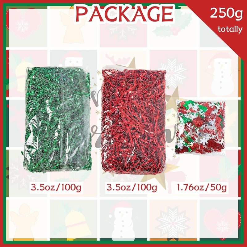 Gloreyan 8.8oz Christmas Crinkle Cut Paper Shred, Xmas Metallic Red Green Raffia Paper Sherd Filler Grass with Christmas Confetti for Gift Wrapping Basket Filling Birthdays Weddings Party Supply - Image 2